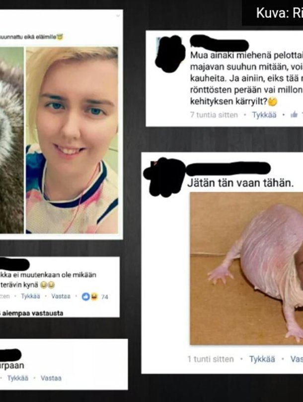 Kiusaajat jakoivat netissä Riikasta pilakuvia ja pilkkakirjoituksia. Ennen kuvien julkistamista Riikka peitti kommenteista itse kiusaajien nimet.