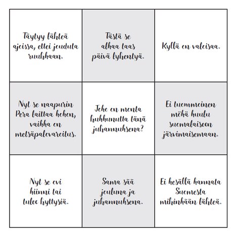 Kun kuulet jonkin ruudukon lauseista, ruksi se. Kun saat rasteja rivin suoraan tai vinottain täyteen, huuda bingo!