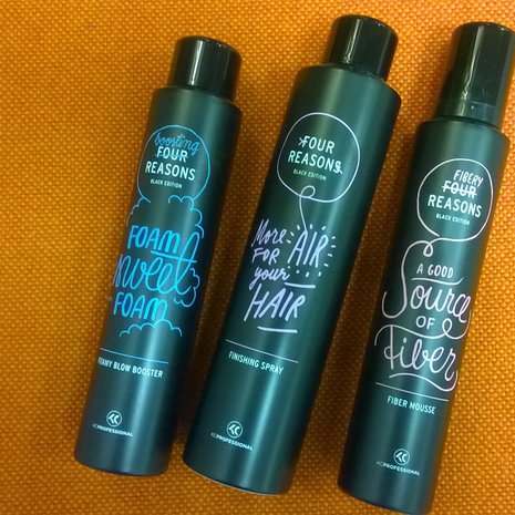 KC Professionals: Four Reasons Black Edition. Fiber Mousse, 200 ml, 14,90 e, Foamy Blow Booster, 200 ml, 14,90 e, ja Finishing Spray, 300 ml, 14,90 e.