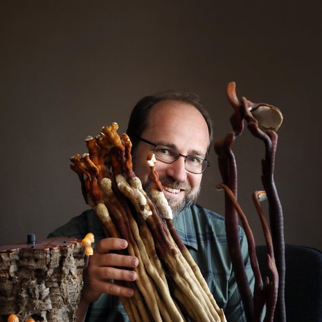 Lakkakääpä kasvaa kolmessa kuukaudessa komeaksi veistokseksi. Vasemmalla olevan valaisimen sienet  ovat 3D-tulosteita.  Lasipurkissa näkyy sienirihmastoa.