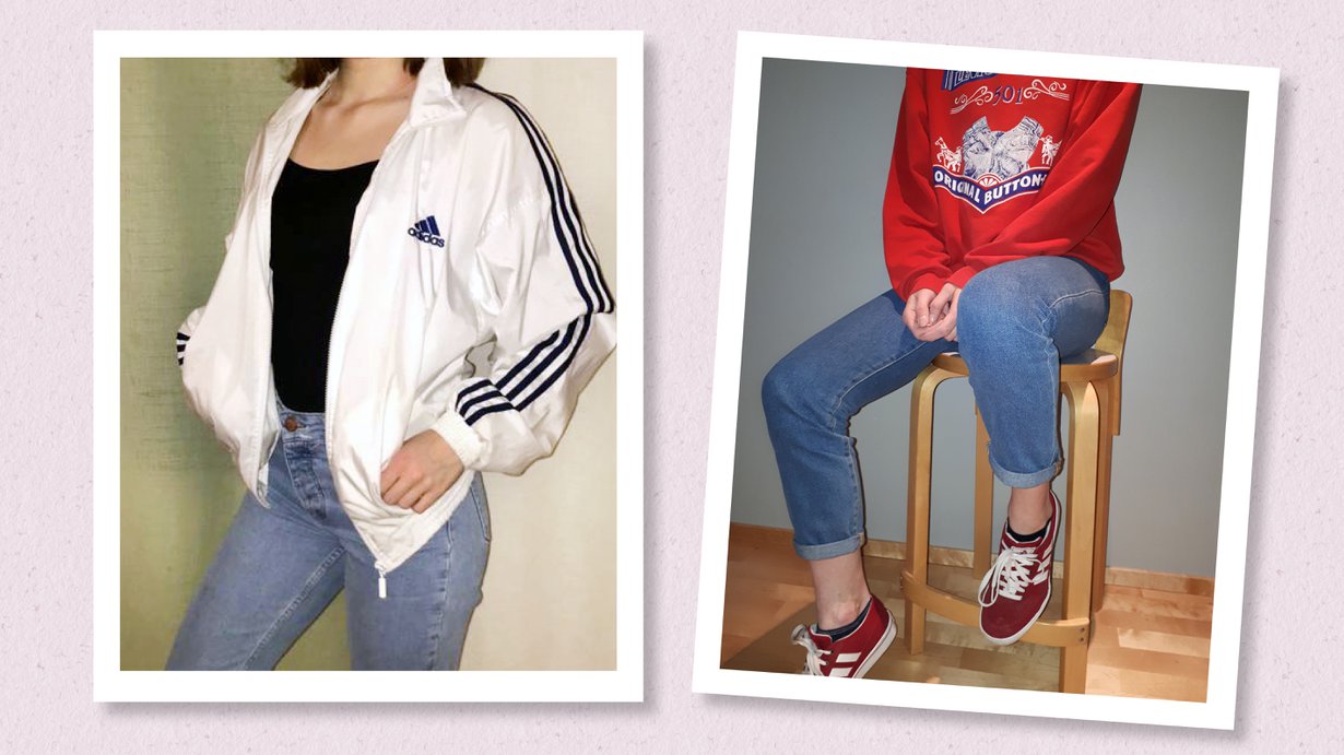 Mom jeans -farkut kirjaimellisesti eli äidin vanhat 1990-luvulta. Kahiseva tuulitakki oli äidin lenkkitakkina 1996. Toisen teinin college on äitinsä ostos kesältä 1988. Lenkkarit mummin vanhat. Nyt 2018 ykkösvaatteita yläkoulussa ja lukiossa.