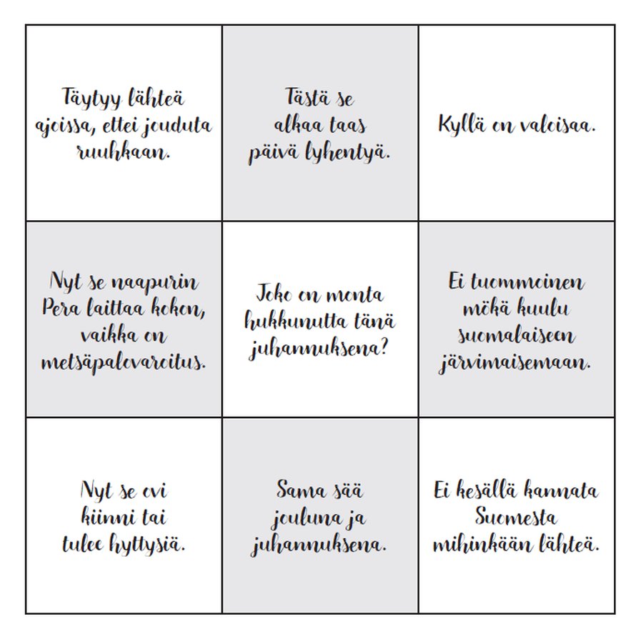 Kun kuulet jonkin ruudukon lauseista, ruksi se. Kun saat rasteja rivin suoraan tai vinottain täyteen, huuda bingo!