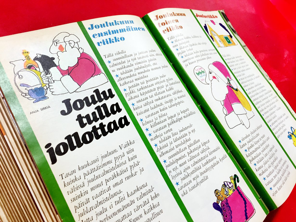 Jo 1967 Kodin Kuvalehdessä neuvottiin jakamaan joulun tehtävät kaikkien perheenjäsenten kesken.