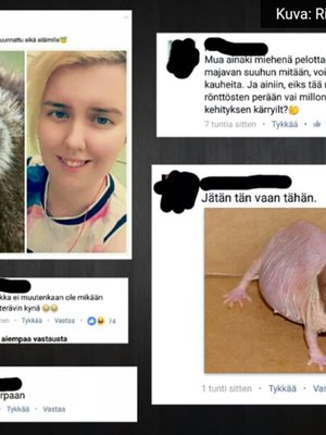  Kiusaajat jakoivat netissä Riikasta pilakuvia ja pilkkakirjoituksia. Ennen kuvien julkistamista Riikka peitti kommenteista itse kiusaajien nimet.