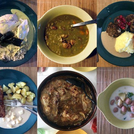 Faija kokkaa skidilleen perinneruokia: kanaviillokkia, hernekeittoa, jauhelihapihvejä, paistettua haukea, merimiespihvejä ja siskonmakkarasoppaa.