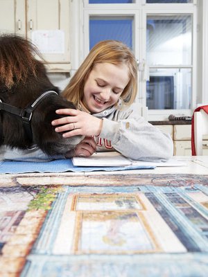 Kun silmä välttää, Alfons järsii pöytäliinaa. ”Yleensä saan ottaa ponin sisälle, kun lupaan siivota muutaman ylimääräisen karsinan. Isää pitää taivutella enemmän kuin äitiä”, Patricia sanoo.