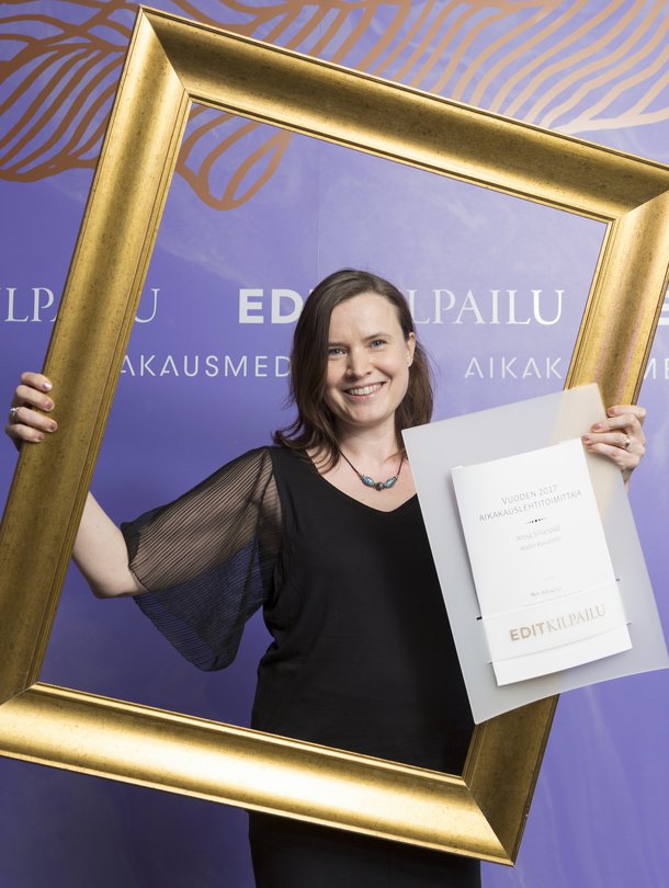 KK:n toimittaja Anna Sillanpää pokkasi vuoden aikakauslehtitoimittajan palkinnon Helsingin Kulttuuritalolla torstaina.
