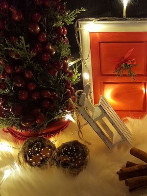 "Rakensin kotiin tonttuoven ja sen ympärille tonttumaailman. Tontun ovi on rakennettu pahvista valokuvakehykseen. Postilaatikko on tulitikkuaski." Johanna Suonpää