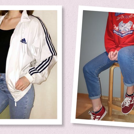Mom jeans -farkut kirjaimellisesti eli äidin vanhat 1990-luvulta. Kahiseva tuulitakki oli äidin lenkkitakkina 1996. Toisen teinin college on äitinsä ostos kesältä 1988. Lenkkarit mummin vanhat. Nyt 2018 ykkösvaatteita yläkoulussa ja lukiossa.