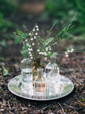 Vanha lasipullo tai maitokannu ovat maljakoista parhaita. Halutessaan asetelman voi rakentaa hopeanväriselle lautaselle. 