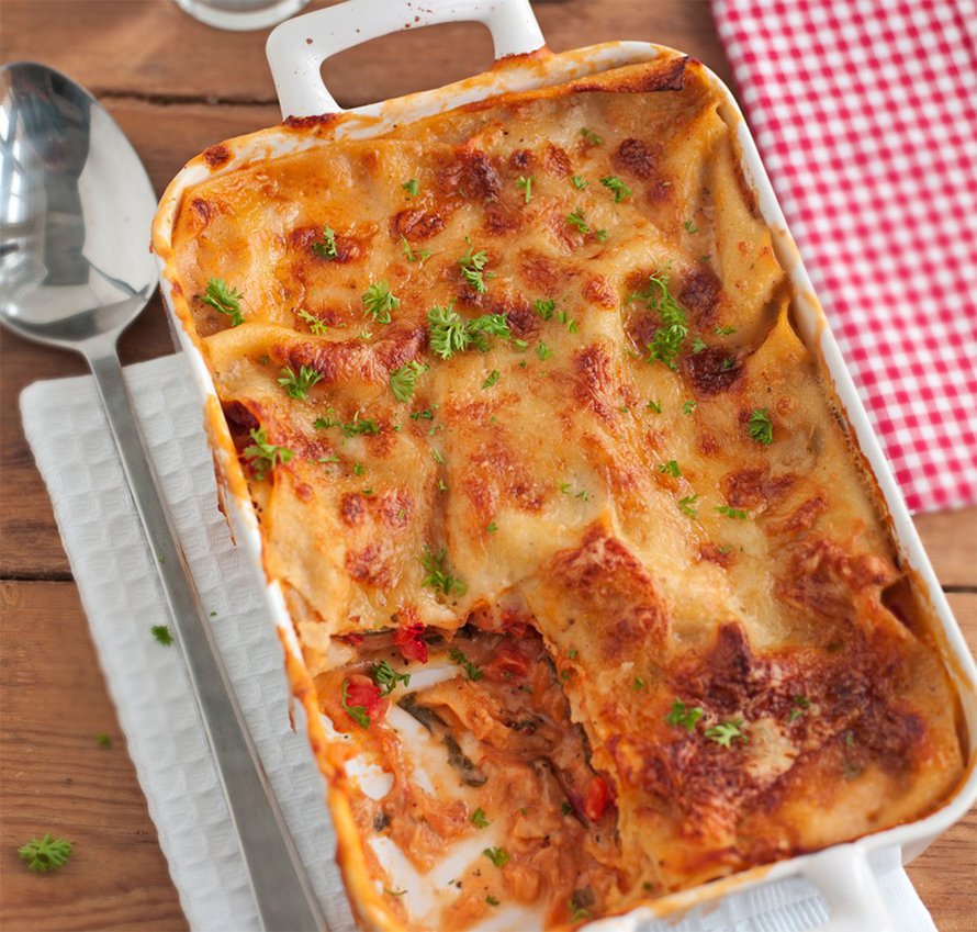 Mehevä kasvislasagne on esikuvansa veroinen eli mehevä ja täyteläinen.