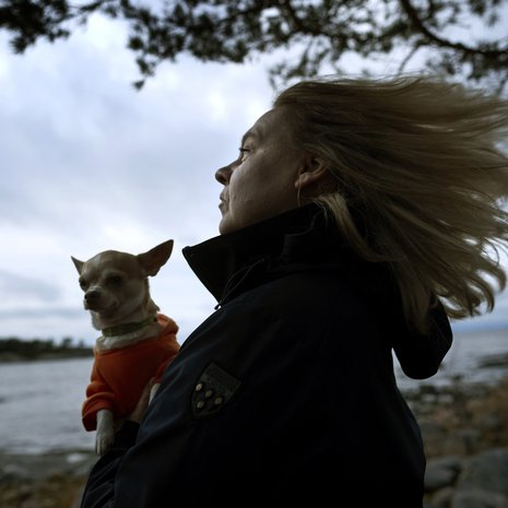 Mikaelan pieni Martha-chihuahua tykkää myös tuuliretkistä, mutta sadetta se inhoaa ja jää koiranilmalla kotiin.