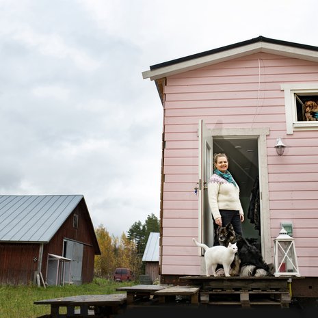 Tervetuloa junanvaunun rungon päälle rakennettuun taloon! Täällä asuvat Sanna, Pyry-kissa ja Melli-koira sekä yläikkunasta kurkkivat Tessa ja Viki-koira. 
