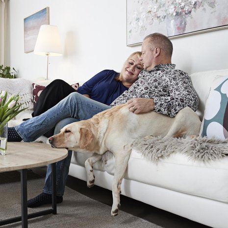 Riikka Smolander-Slotten ja Tommi Slotten arjen parhaita hetkiä ovat leppoisat tv-illat Silla-koiran kanssa. ”Voi vitsit, kuinka on hyvä olla tässä suhteessa ja perheessä. Tätä toistelen itselleni nykyään joka päivä”, Tommi sanoo.