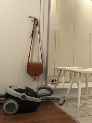 ”Pääsy kielletty”, viestii tämä imuri. Näin vieras ei vahingossa eksy törkyiseen vaatehuoneeseen etsiessään vessan ovea (oikealla).