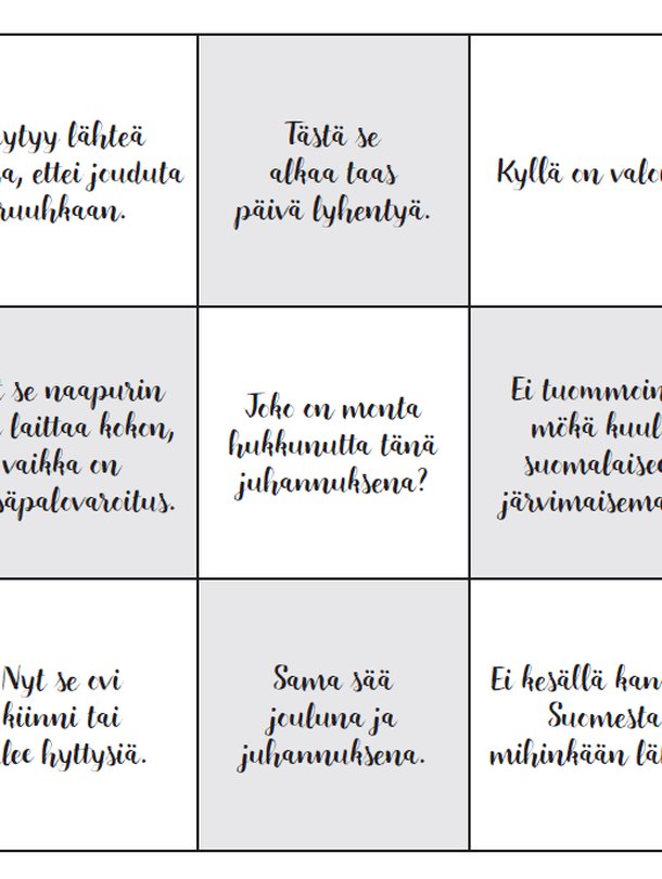 Kun kuulet jonkin ruudukon lauseista, ruksi se. Kun saat rasteja rivin suoraan tai vinottain täyteen, huuda bingo!
