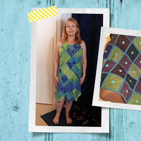 Ylva on virkannut isoäidinneliöistä muun muassa torkkupeittoja, neuletakkeja ja pipon. Kuvassa päällä on virkattu kesämekko.