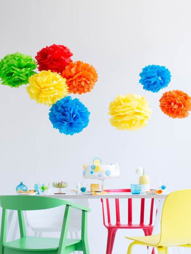 Iso pompom syntyy viidest&auml; 50 x 70 sentin kokoisesta silkkipaperiarkista. Pallon halkaisija on noin 30 senttimetri&auml;.