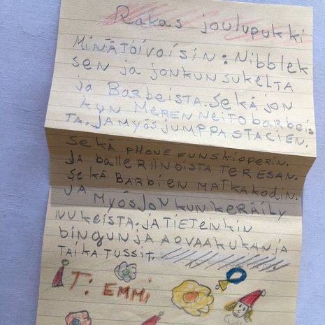 Tämä kirje löytyi hiljattain kirjoittajansa äidin lipaston laatikosta – avaamattomana. Phone fun skipper ja jumppastacie ovat edelleen saamatta.
