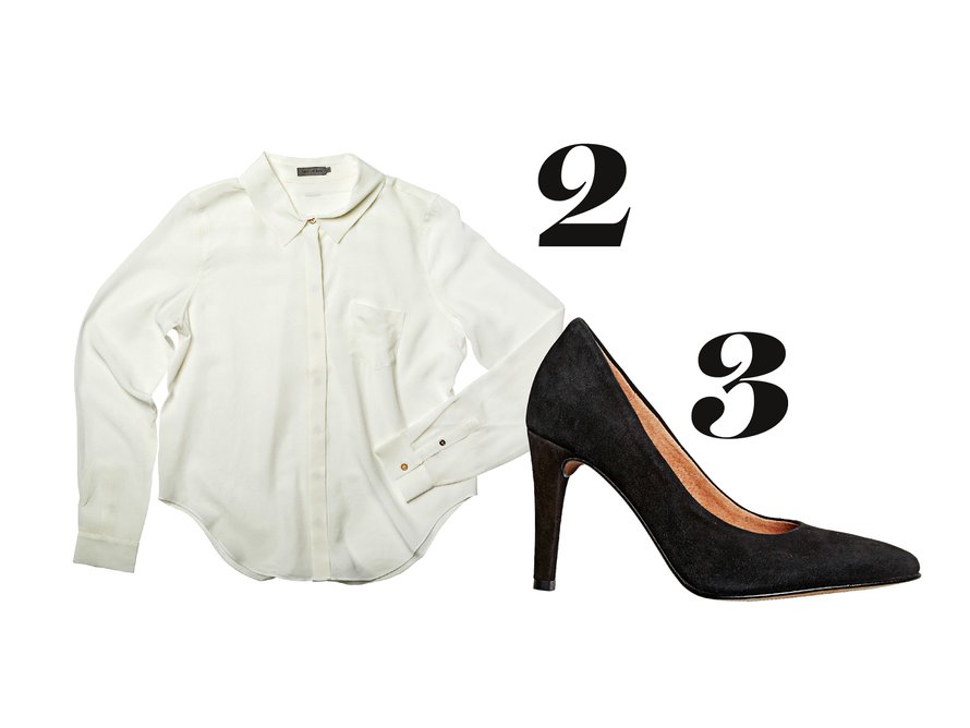 Klassikoita. Silkkipaita 159,90 e, Calvin Klein. Korkokengät 99,95 e, Selected.