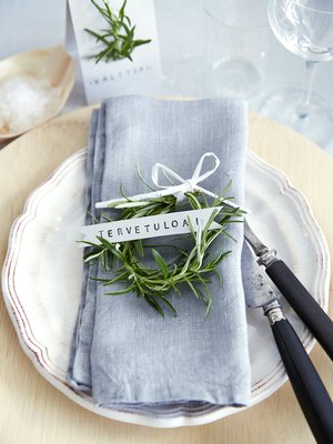 Pellavalautasliina 16 e, Linum. Lautaset kuvausrekvisiittaa.