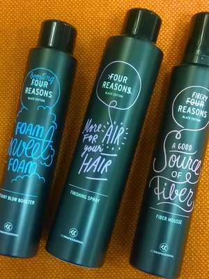 KC Professionals: Four Reasons Black Edition. Fiber Mousse, 200 ml, 14,90 e, Foamy Blow Booster, 200 ml, 14,90 e, ja Finishing Spray, 300 ml, 14,90 e.