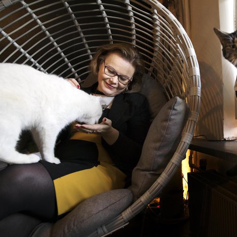Minna Huotilainen on vakuuttunut siitä, että kissojen silittely vähentää stressiä. Helsinkiläisessä kissakahvila Helkatissa hän silittelee vieraita kissoja, mutta on hänellä kotonakin yksi persoonallinen kissayksilö Iiris.