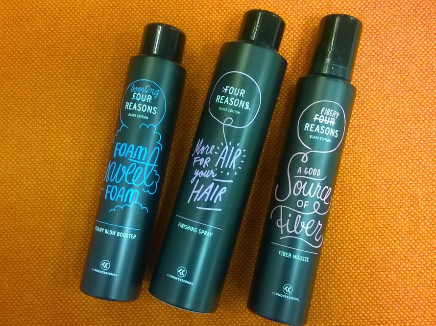 KC Professionals: Four Reasons Black Edition. Fiber Mousse, 200 ml, 14,90 e, Foamy Blow Booster, 200 ml, 14,90 e, ja Finishing Spray, 300 ml, 14,90 e.