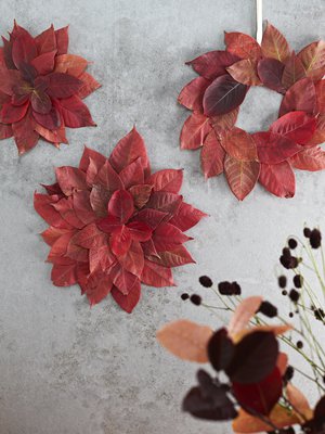 Lehtiruusukkeet ja kranssi on tehty tuoreista lehdistä. Kuivuessaan ne jäävät kauniisti koholle.