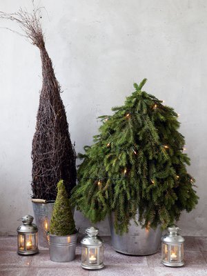 Kuusen leveyden ja pituuden voi itse päättää. Peltinen astia sopii kauniisti yhteen havujen ja oksien kanssa.